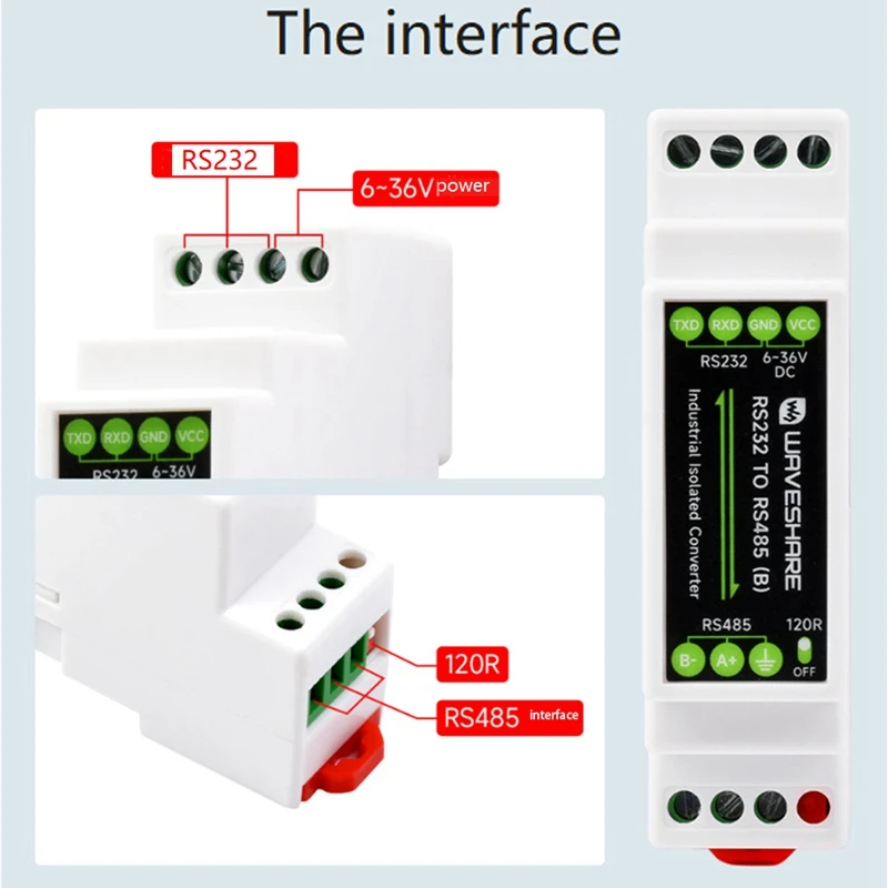 Waveshare Industrial Rail Type RS232 To RS485 Converter 300-115200Bps Active Digital Isolation Wide Voltage