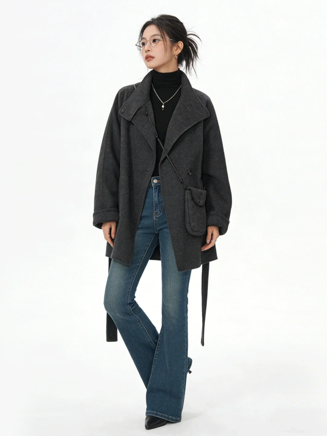 Elegant Double-Faced Woolen Coat in Deep Grey with Belt Waist-Cinching Stand Collar for Women Stylish Slimming Mid-Length Kor...