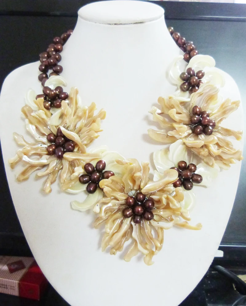 WWZ-102#   Excellent!  deep sea Shell pearl  Flower Necklace 18\