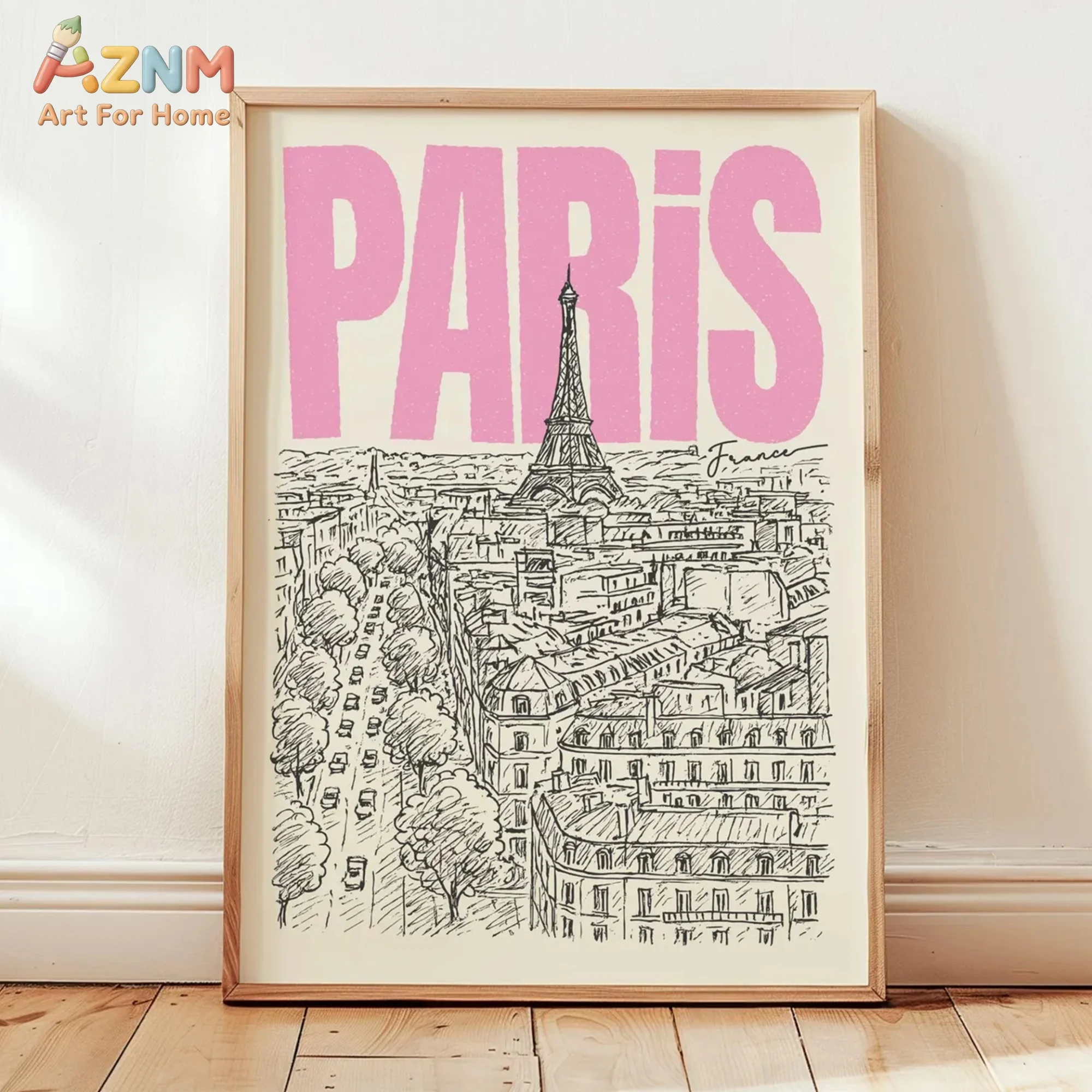 AZNM Paris Eiffel Tower City Sketch Canvas Print Pink Typography Wall Art Decor