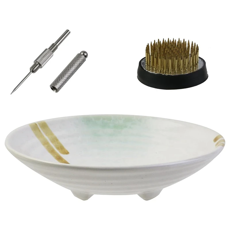 Ikebana Vase Kit, Ceramic Ikebana Bowl And Metal Flower Kenzan, With Needle Straightening Tool