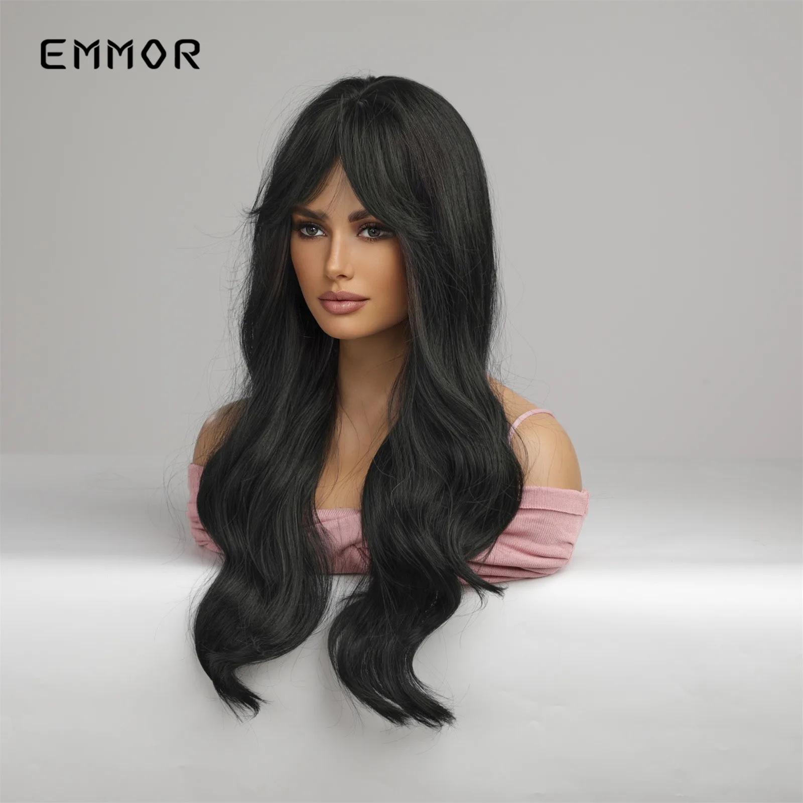 Emmor – perruque synthétique noire longue avec frange, naturelle, résistante à la chaleur, pour femmes, Cosplay, usage quotidien