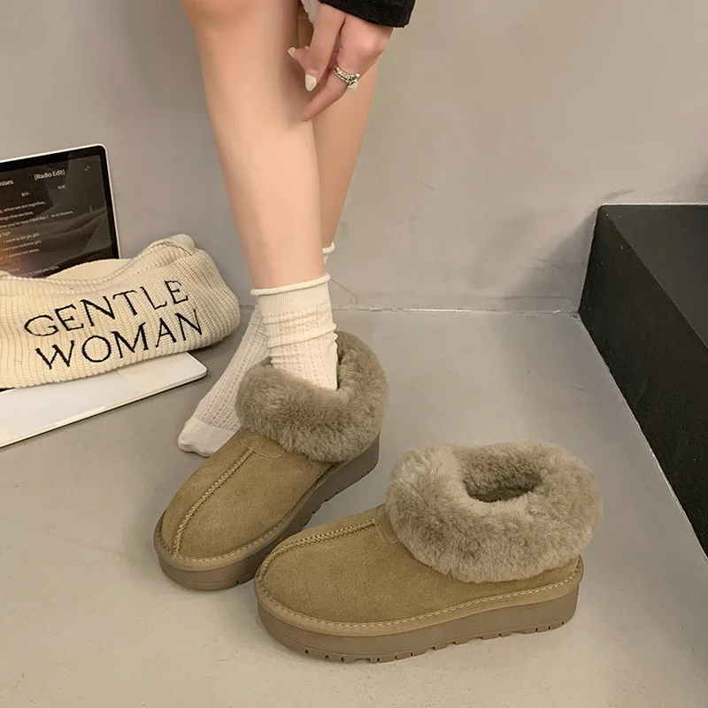 Inverno quente de pelúcia sapatos femininos casuais sola macia apartamentos fundo grosso botas de neve cor sólida zapatos mujer