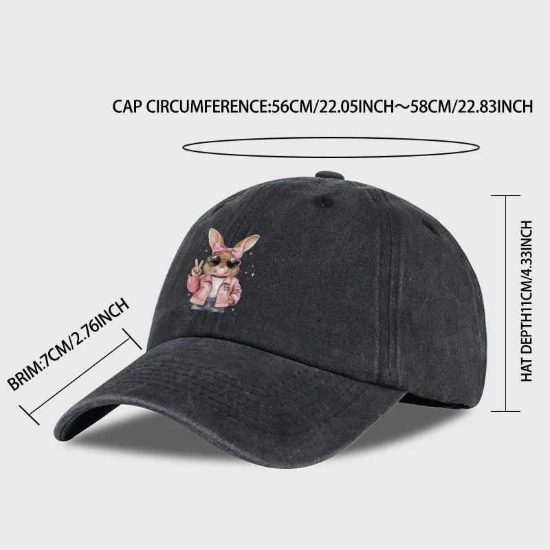 2026 New Trendy Retro Washed Cute Bunny Baseball Cap: Breathable, Adjustable Casual Cap for Everyday Outings and Street Style