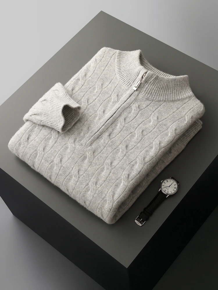 Office Autumn Winter Sweater Pullover Men 100% Merino Wool Sweater Mock Neck Twist Flower Warm Clothes Commut Versatile Knitted