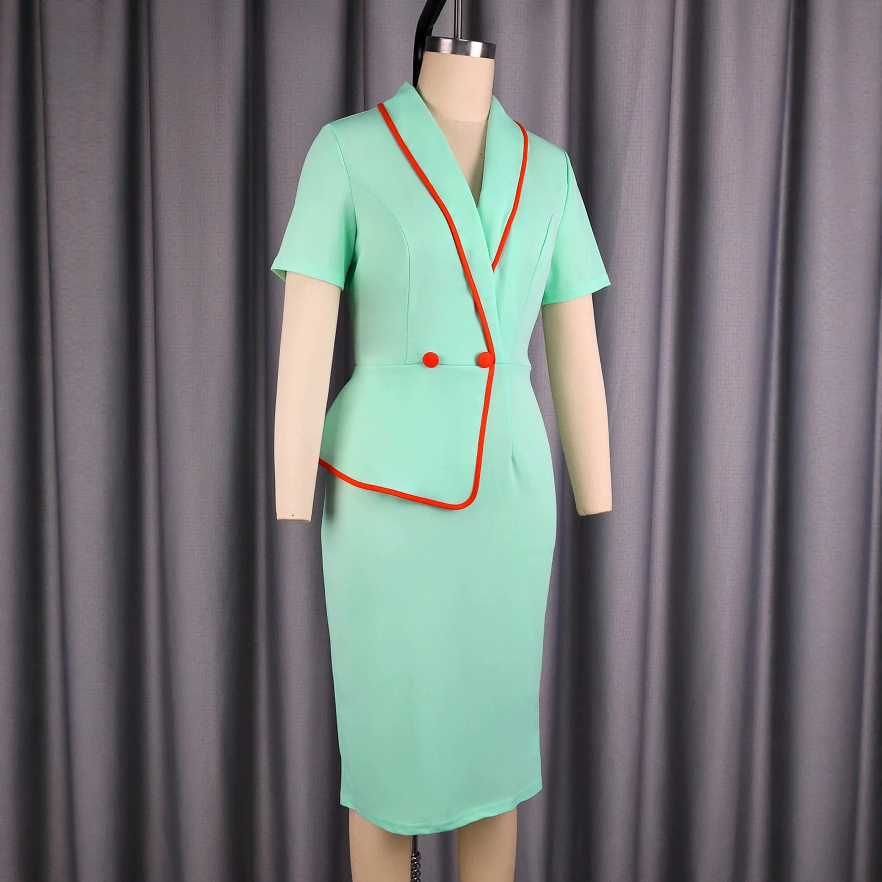 Fashionable Lapel Contrasting Mint Green Short-sleeve Lady Cloth Dress With Ruffles, Smart Fit, Bodycon Suitable For Commuting