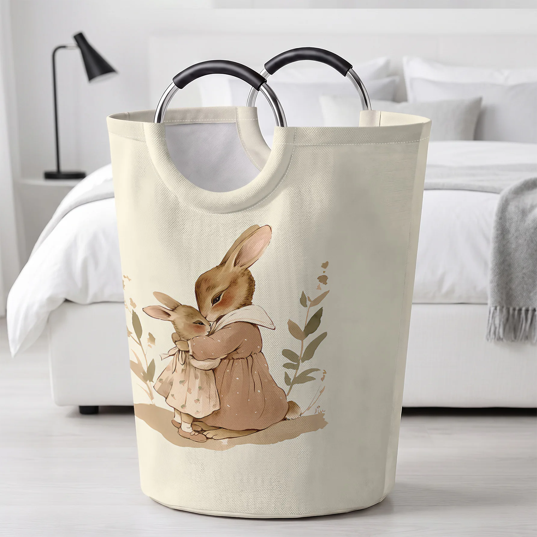 Vintage Watercolor Hugging Bunnies Print Handheld Storage Basket, For Laundry, Bedroom & Home Sundries Storage
