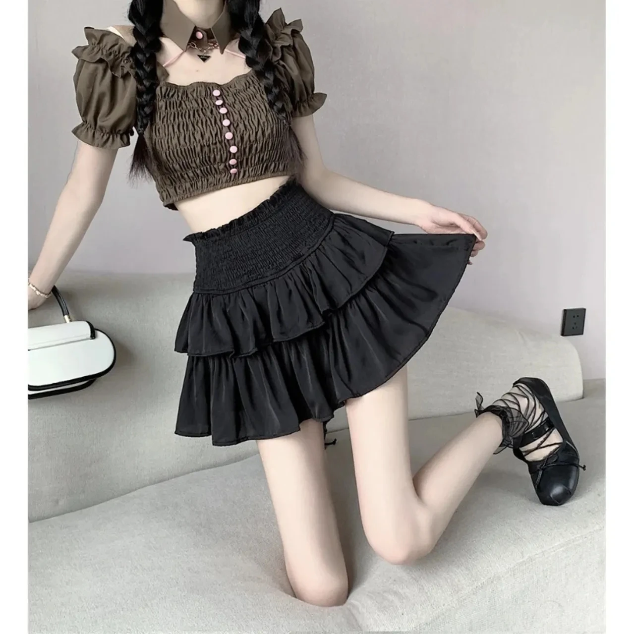 

Белая шифоновая юбка-торт. Женская летняя плиссированная юбка трапециевидной формы с высокой талией для похудения и кружевным подолом.