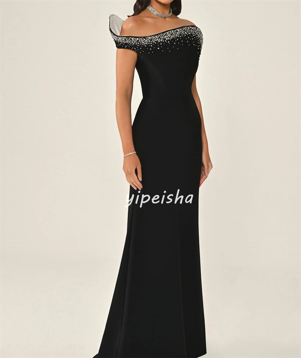 Customized Formal Women Jersey Rhinestone Ruched Straight Evening Dresses Fashion Strapless Sleeveless Floor Lenght Prom Dresses image 3