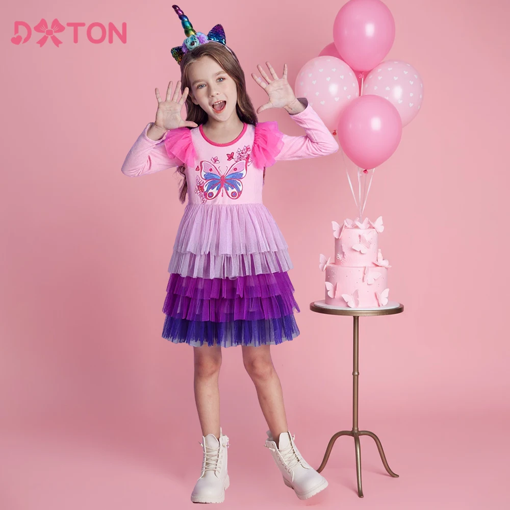 

DXTON Flare Sleeve Princess Girls Dresses Butterfly Children's Birthday Party Clothing Vacation Kids Wear Toddler Cotton Dress