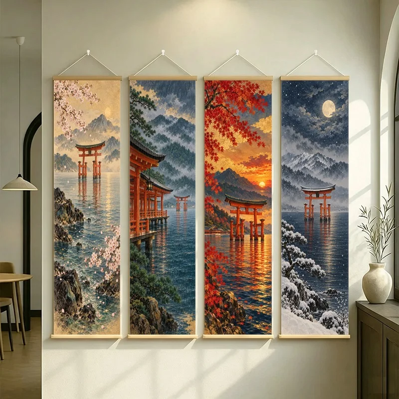 Japanese Wall Art Four Seasons Shrine Landscape on Silver Shimmer Canvas for Serene Living Room Decor in Warm Tones