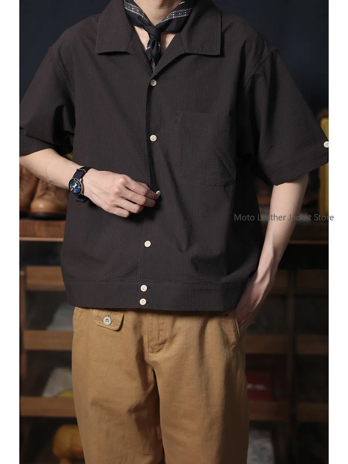 

Secondorder SS24 Camp Shirt Vintage Minimalist Cuban Collar Seersucker Open Collar Short Sleeve Shirt