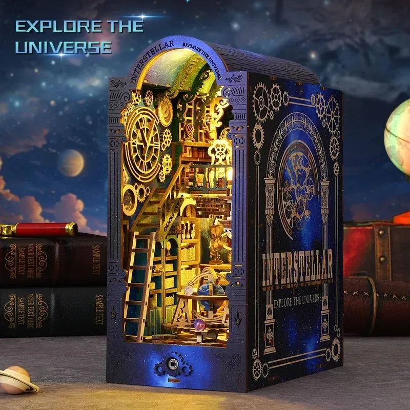 DIY Book Nook Shelf Insert Kit Interstellar Exploration Bookend Miniature Dollhouse 3D Puzzle Assembly Model for Adults Gifts