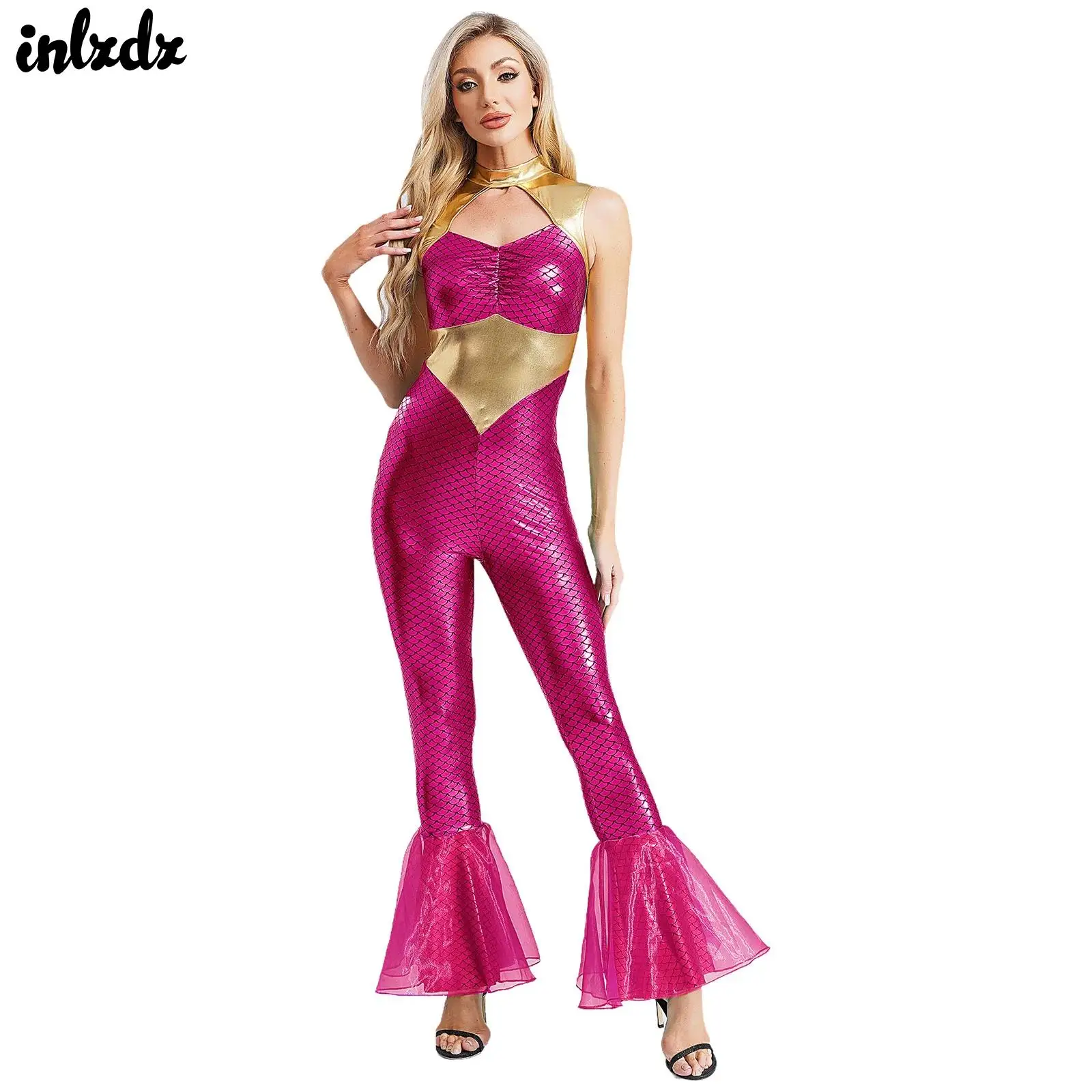 

Women Shiny Mermaid Fish Scales Pattern Patchwork Flared Hem Jumpsuit Mermaid Princess Cosplay Performance Theme Party Costume