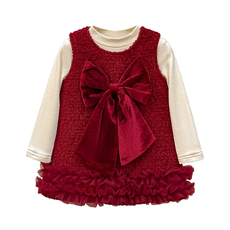 Girls' dress 2024 autumn/winter new fashion oversized bow Christmas dress dress plus velvet New Year suit 90-140cm