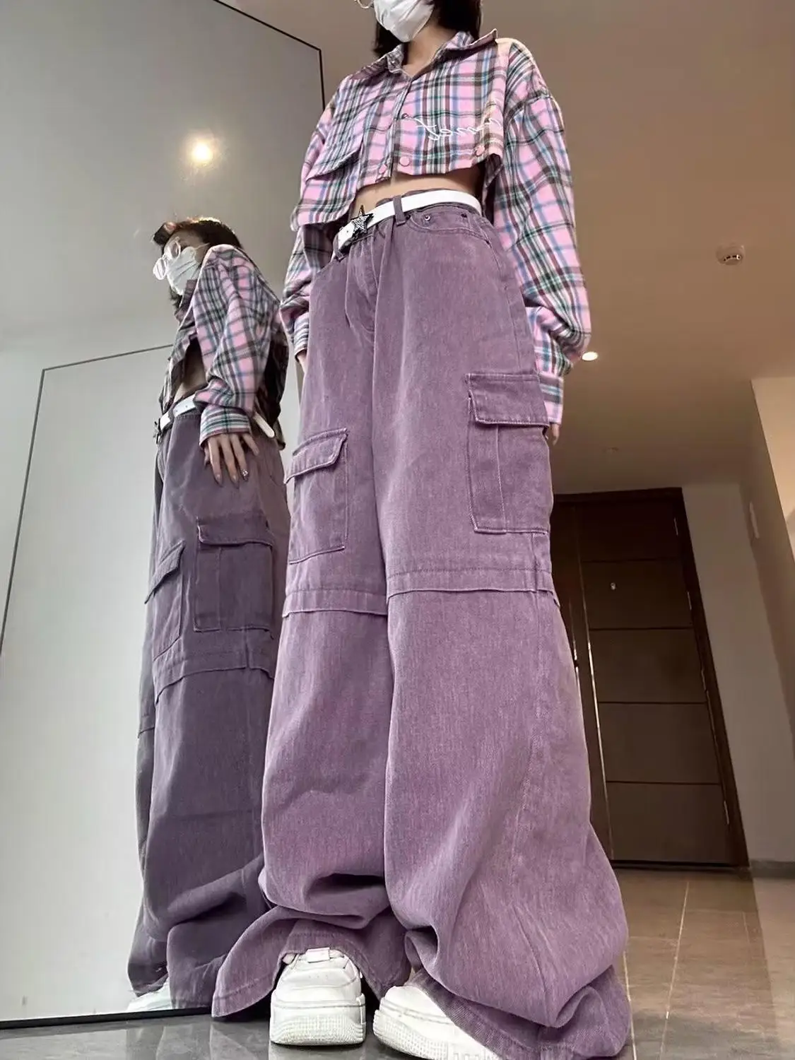 

Джинсы в американском ретро-стиле, фиолетовые, рабочие, унисекс, повседневные, свободные, прямые, в пол, узкие, широкие штанины