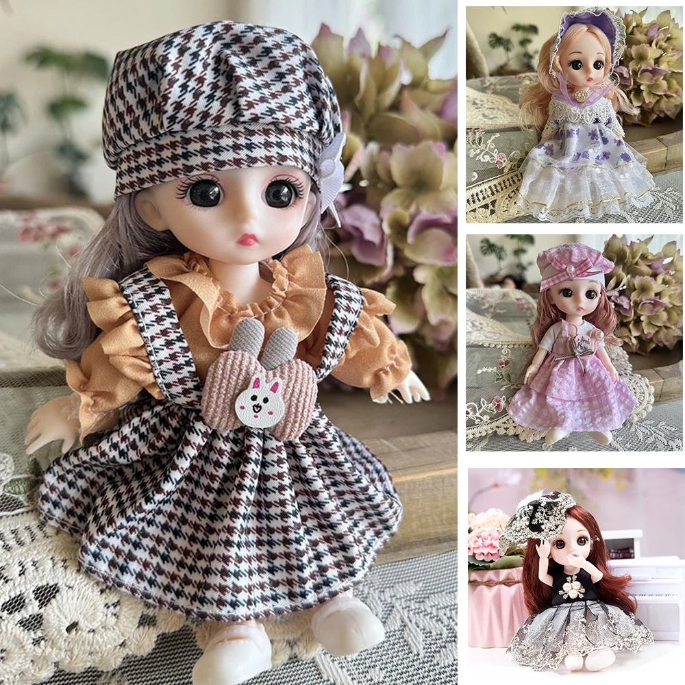 6inch BJD Joint Doll Girl Makeup Toy17cm Doll Rabbit Ear Checkered Dress Set Blyth Doll Children Birthday Gift Ornament Decor