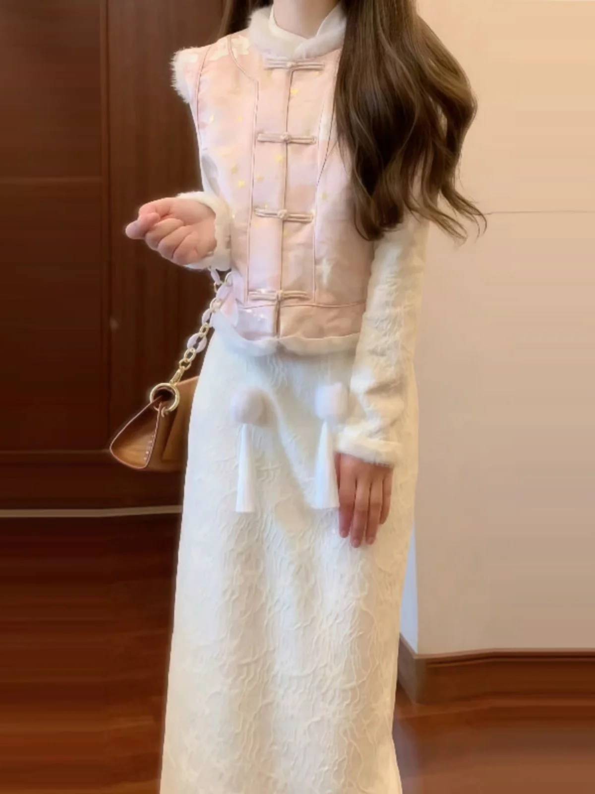 

Новый китайский модный комплект из двух предметов: кружевное платье и жилет с длинным рукавом и воротником-стойкой, весенняя одежда из хлопка