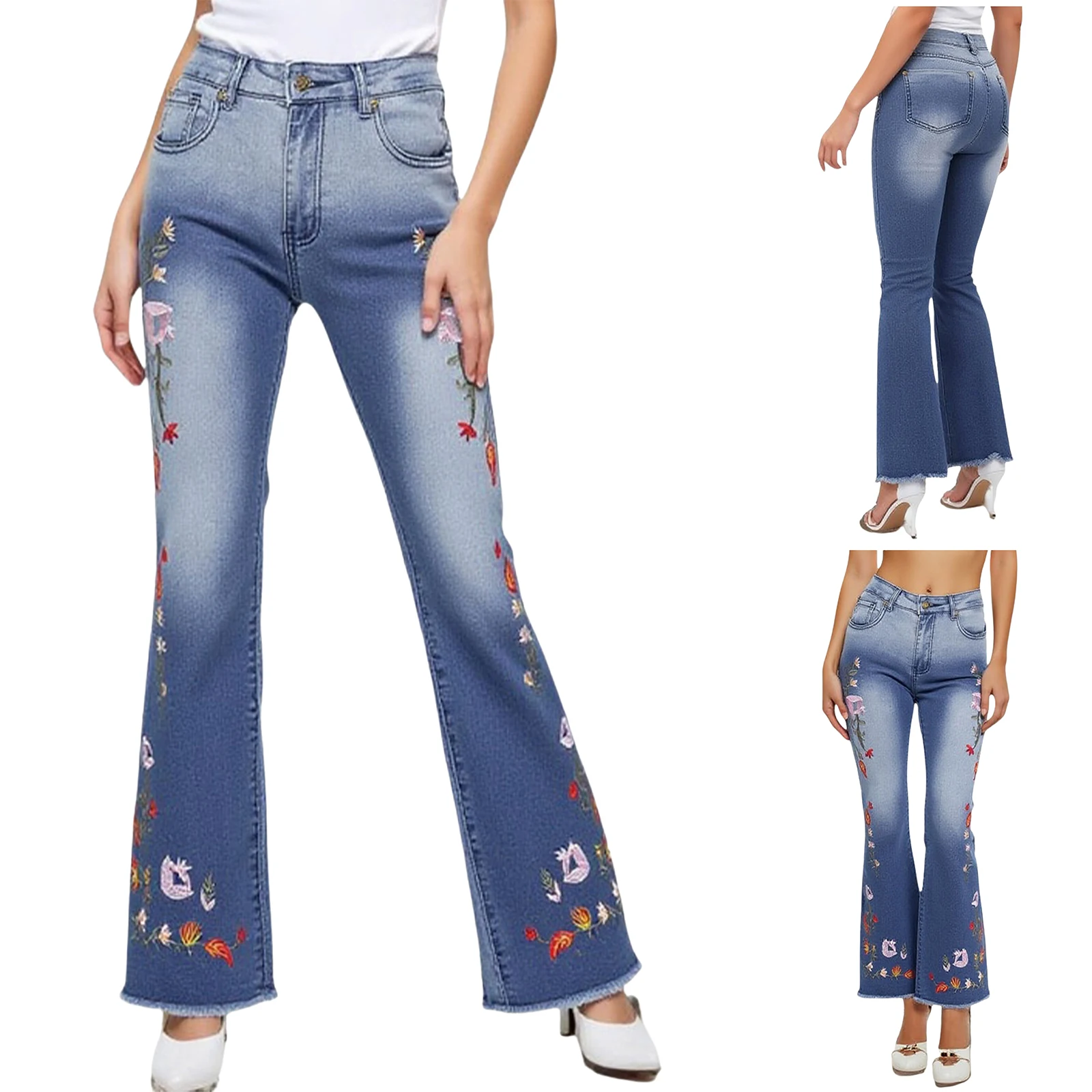 กางเกงยีนส์ทรงบานปักลายดอกไม้สวยงามสำหรับผู้หญิง ขอบดิบ สไตล์ทันสมัย เหมาะสำหรับใส่ไปทำงานหรือออกนอกบ้านในชีวิตประจำวัน