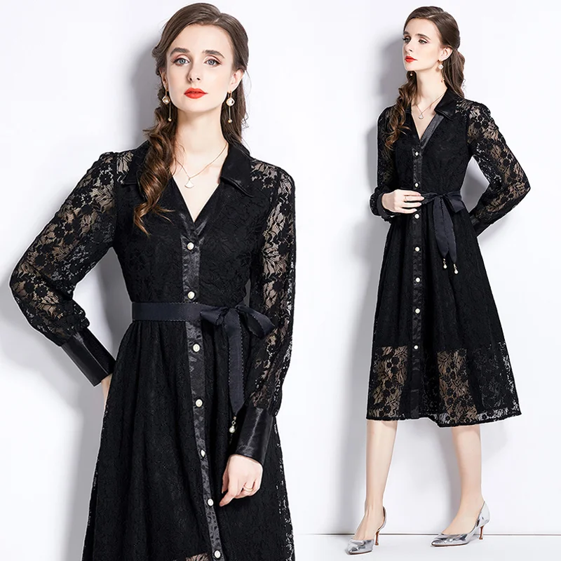 

Spring/Summer Light Mature Style Long Sleeve V-Neck Single Breasted Lace Dress Women's Elegant Temperament Lage Swing Long Skirt