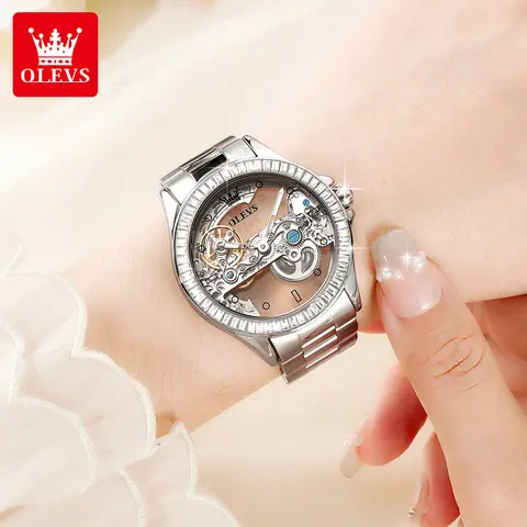 OLEVS 6699 완전 중공 여성 자동 기계식 시계 우아한 럭셔리 다이아몬드 투명 다이얼 팔찌 시계 세트 연인 선물 OLEVS 6699 완전 중공 여성 자동 기계식 시계 우아한 럭셔리 다이아몬드 투명 다이얼 팔찌 시계 세트 연인 선물