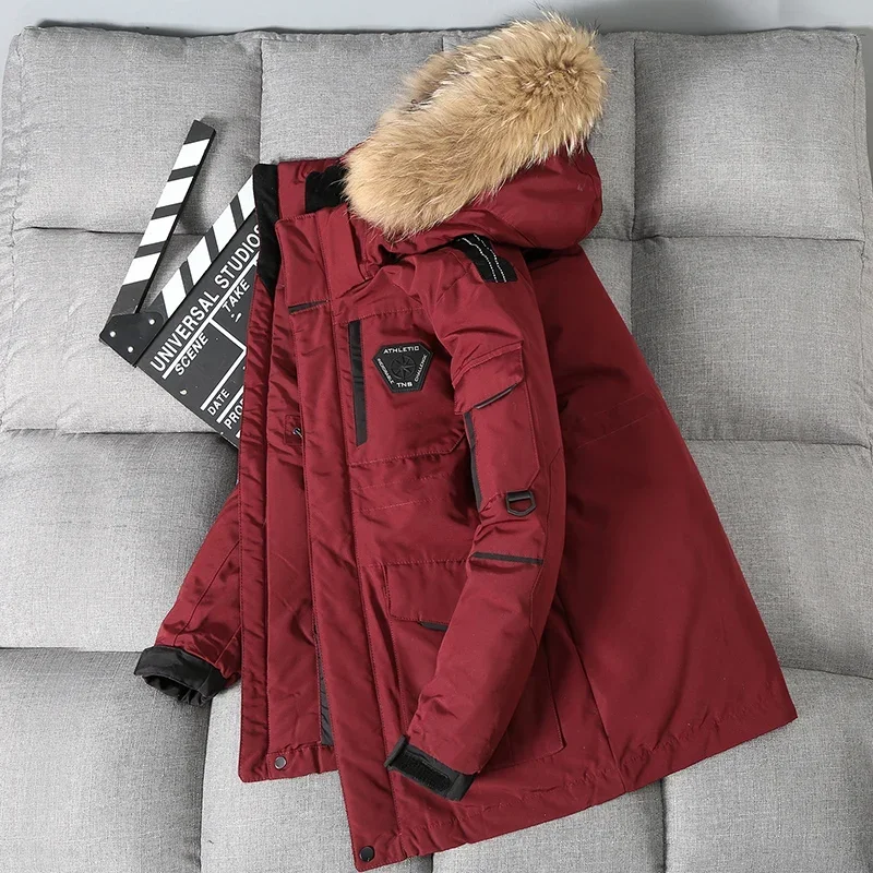 -30 Degree White Duck Down Parkas Men Windproof Hooded Thicken Multi-pocket Down Coat Fur Collar Hooded Thick Winter Jacket