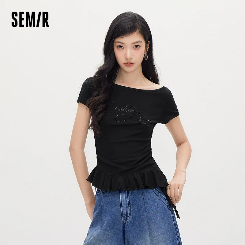 Semir Women Tshirt One Shoulder Ruffle Rhinestone Cropped Top 2026 Summer Fashion