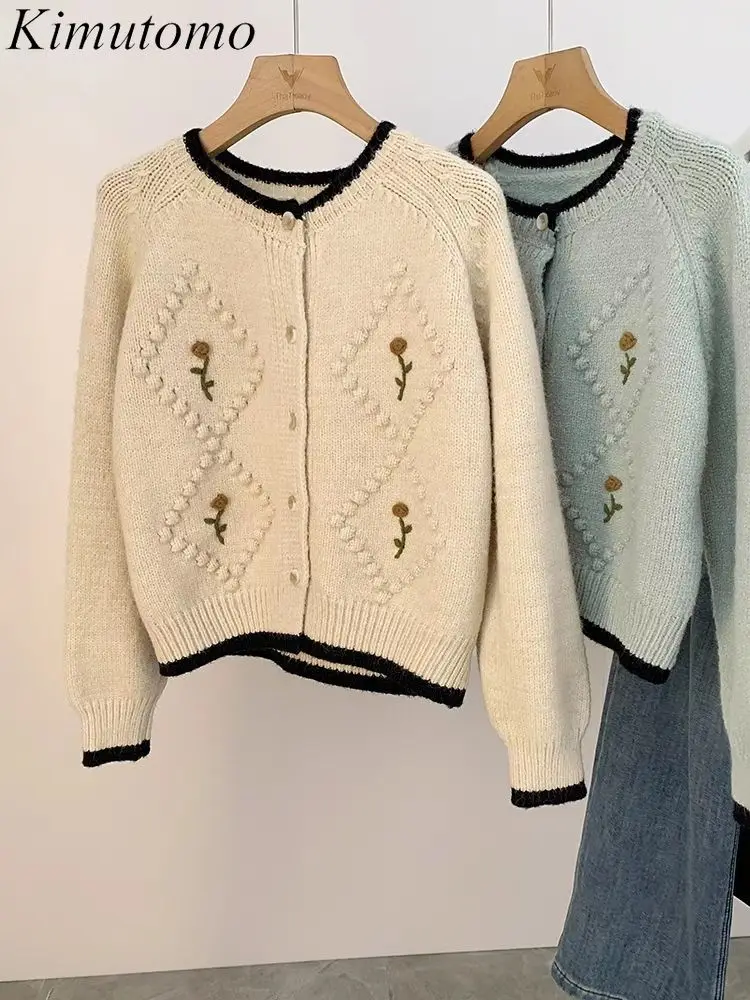 Kimutomo Small Fragrance Floral Knitted Cardigan Women Embroidery Sweet Loose Cardigans Korean Gentle Wind Kawaii Sweater