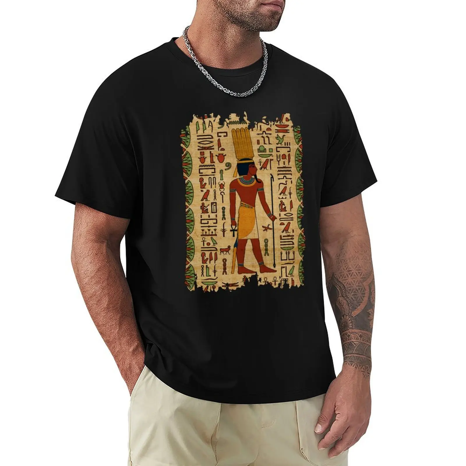 Egyptian Amun Ra - Amun Re Ornament on papyrus T-Shirt Casual Basic Short Sleeve T-Shirt