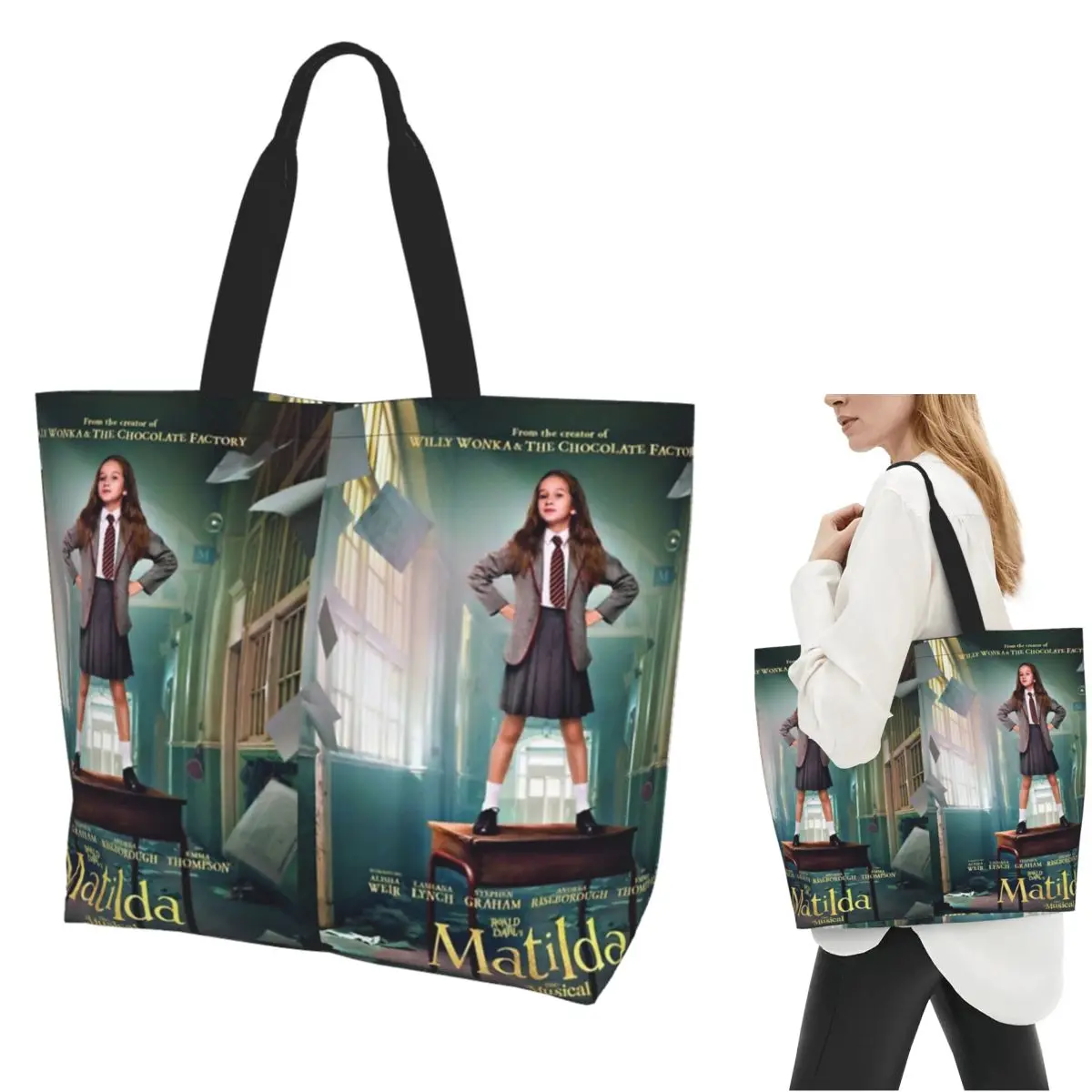 Bolso de compras de lona con diseño de la película musical Matilda de Roald Dahl, bolsos de hombro de gran capacidad, bolso de compras para mujer