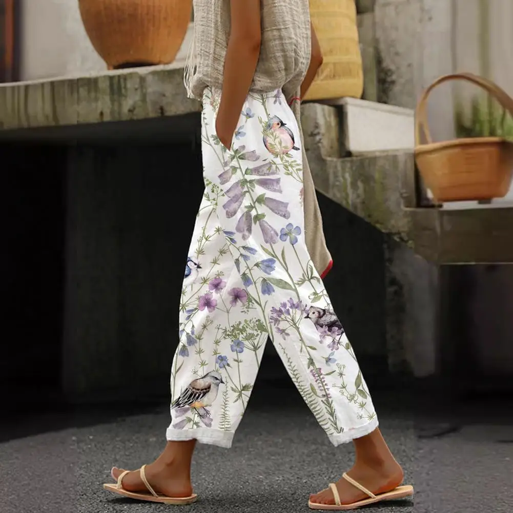 

2023 New Summer Fashion Casual Simple Drawstring Elastic Waist Cotton Hemp Floral Printed High Waist Wide Leg Pants Trousers ﻿