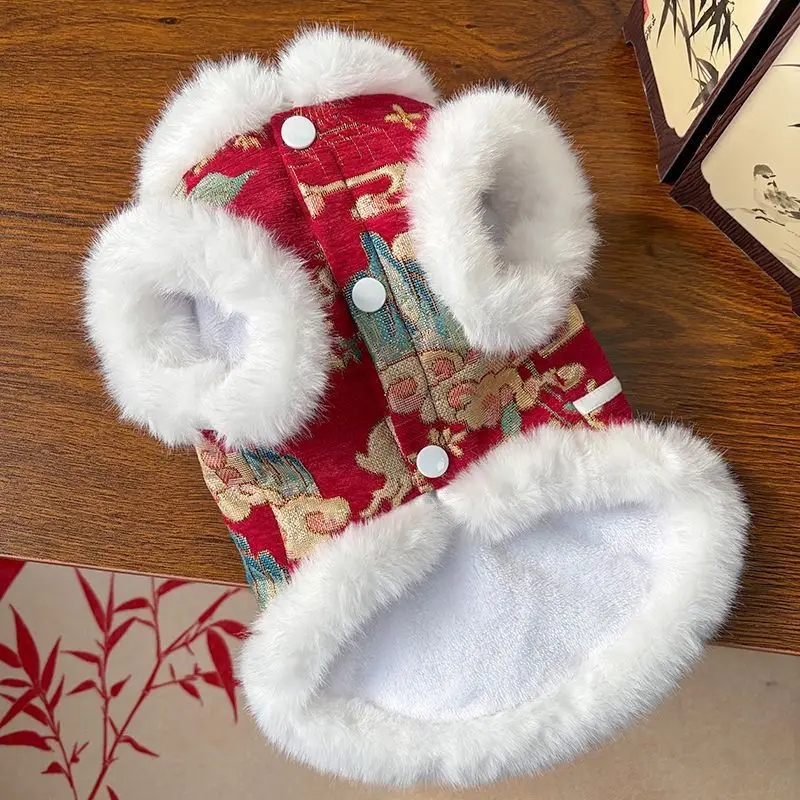 Pet New Year clothes Chinese style celebration new Chinese style red thick vest autumn and winter dog cotton coat