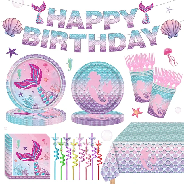 Syrenka Party różowy fioletowy zestaw zastawy stołowej talerze kubki obrus serwetki baner dziewczyny dekoracje na przyjęcie urodzinowe artykuły na baby shower