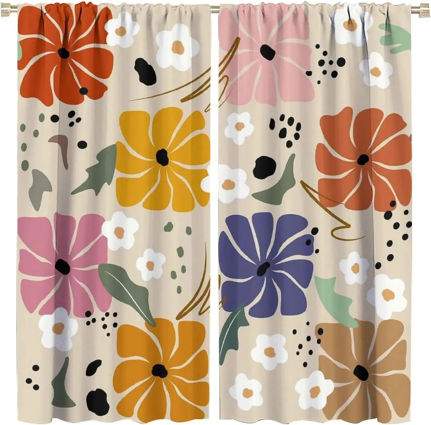 Modern Minimalist Hand Drawn Color Flower Blackout Rod Pocket Curtain Irregular Leaf Dot Soft Print Homestay Bedroom Rest Bay