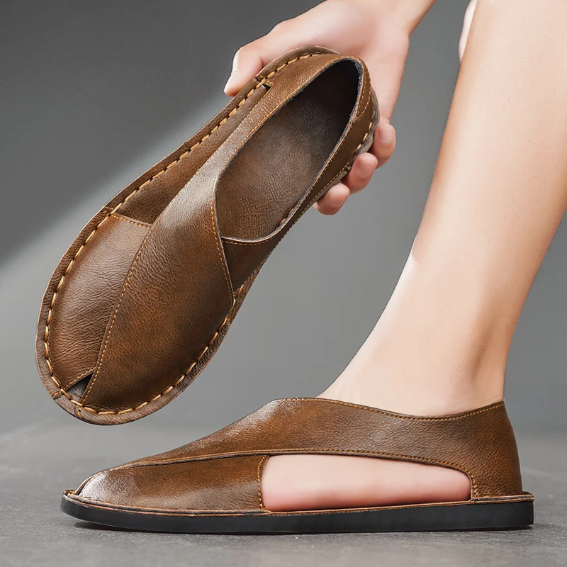 Outdoor casual driving sandals Summer men's cut-out sandals comfortable plus size leather handmade sandals non-slip and wearable