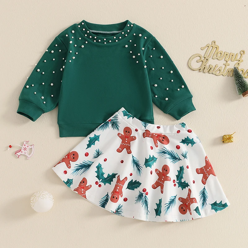 12M-5Y Kids Girls Christmas 2-piece Outfit Sets Long Sleeve Crew Neck Pearls Dotted Sweatshirt Tops +Gingerbread Man Print Skirt