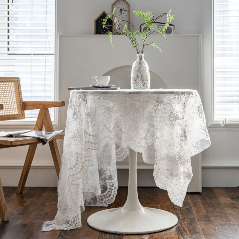 New Lace Tablecloth White Round Table Cloth Solid Color Embroidery Tablecloth Garden Balcony Decor Capture Background Tablecloth