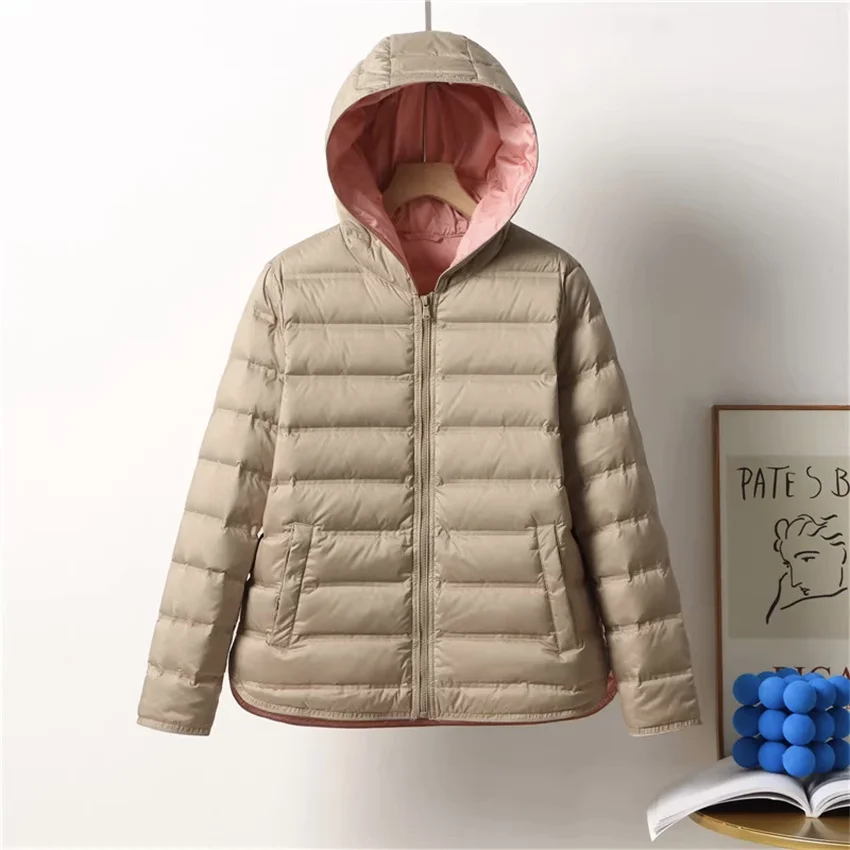 

2023 Autumn Winter Women Short Down Coat Double Color Big Size M-2XL Lady Light Thin 90% White Duck Down Jacket Hooded WZ2324