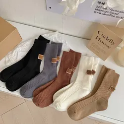 Calcetines de tubo medio para mujer, calcetín de punto, Color sólido, mantiene el calor, botas de nieve, tacón, etiqueta peluda, otoño