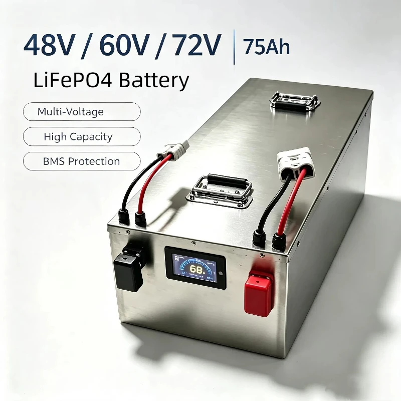 LiFePO4 Lithium Battery 75Ah 48V 60V 72V with Built-In Bluetooth BMS for Electric Bike/Moped/Car Scooter 2000W-7000W High Capaci