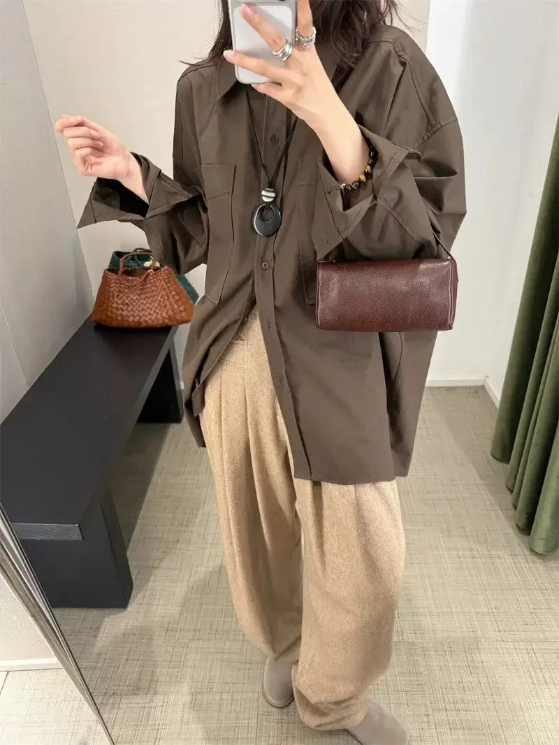 

Цветной повседневный свободный женский универсальный универсальный длинный воротник из чистого хлопка с воротником-стойкой на пуговицах