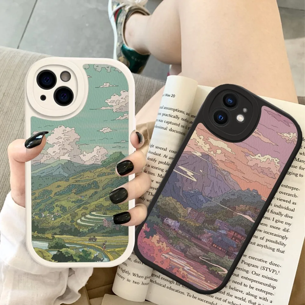 Japanese Anime Hand Painted scenery Phone Case Hard Leather For iPhone 14 13 12 Mini 11 14 Pro Max Xs X Xr 7 8 Plus Fundas