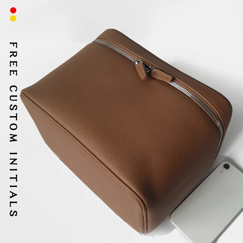 حقيبة مكياج كبيرة من جلد البقر بطبقة علوية، حقيبة أدوات زينة محمولة وعملية، حقيبة سفر من الجلد الأصلي، سعة تخزين كبيرة #4