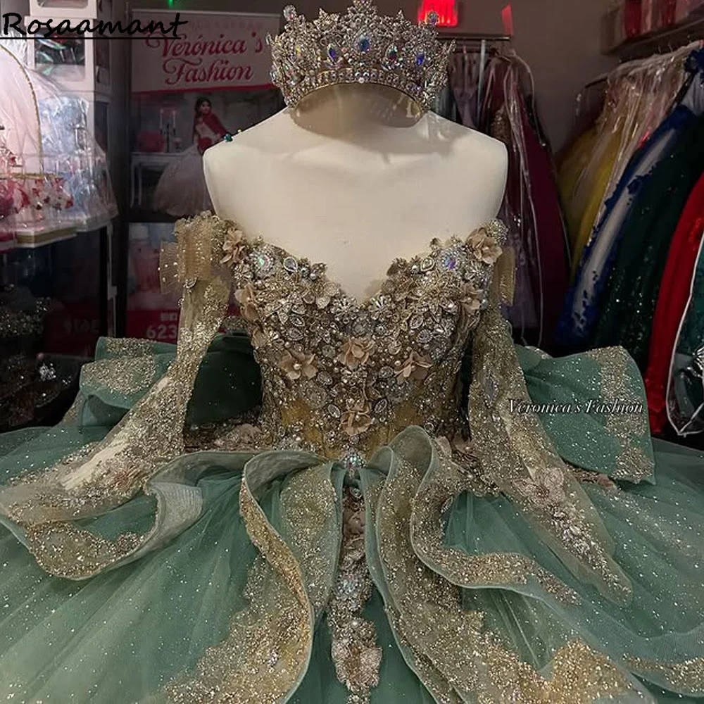 Glitter Mint Green Quinceanera Dress Ball Gown Floral Applique Beading Mexico Sweet 16 Vestido De 15 Anos