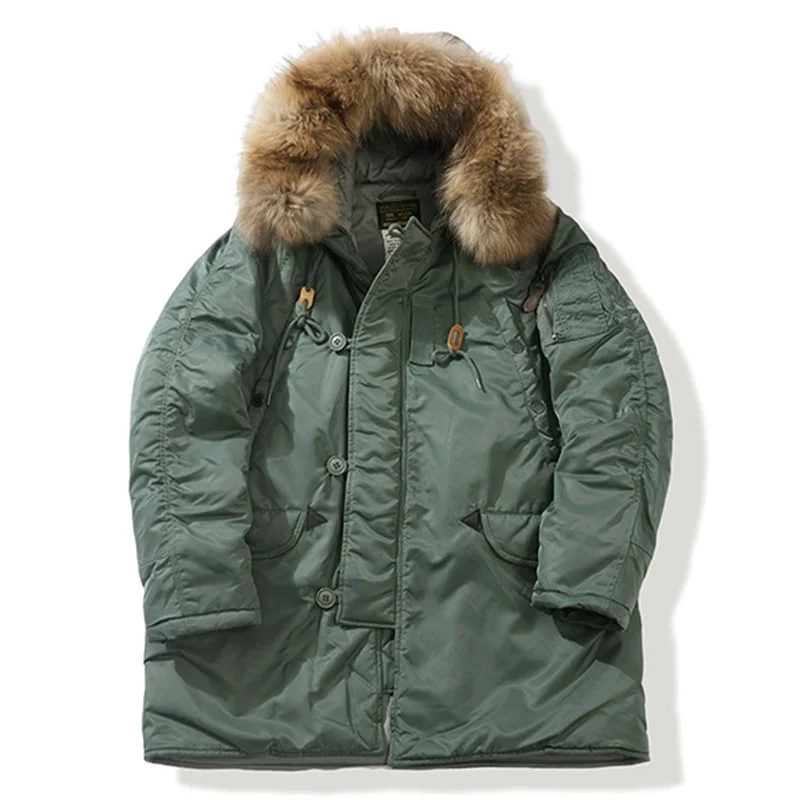 

Men's Cotton Jacket Raccoon Wool Hair Collar Overcoat Detachable Winter Cold Proof Clothing Thicken Medium Length Parker Coat