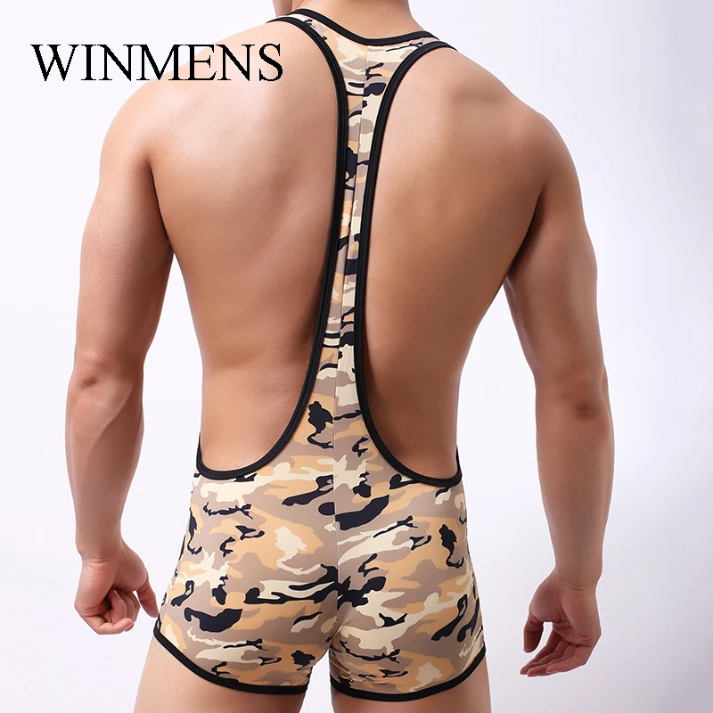 Men\'s Camouflage Boxer Jumpsuit Youth Comfortable Wrestling Panties Military Suspenders Gym Trunks Bulge Pouch Underwear