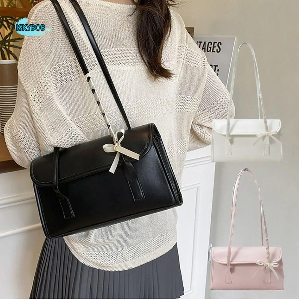 

Portable Solid Color Bow Ribbons Shoulder Bag Pu Leather Y2k Large Capacity Underarm Bag Sweet Leisure Women's Handbag Girls
