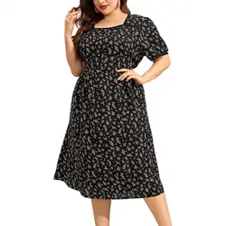 Plus Size Dress Summer Square Collar Short Sleeve Waist Tight Large Hem Midi Dress Floral Print Casual Dress Female Clothes