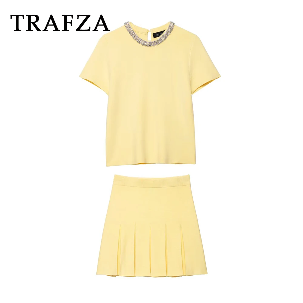 

TRAFZA Vintage Solid Knit Fashion 2025 Summer Woman Suit O-Neck Button Shirt+Draped Slim Mini Skirt Holiday Casual Mujer Set
