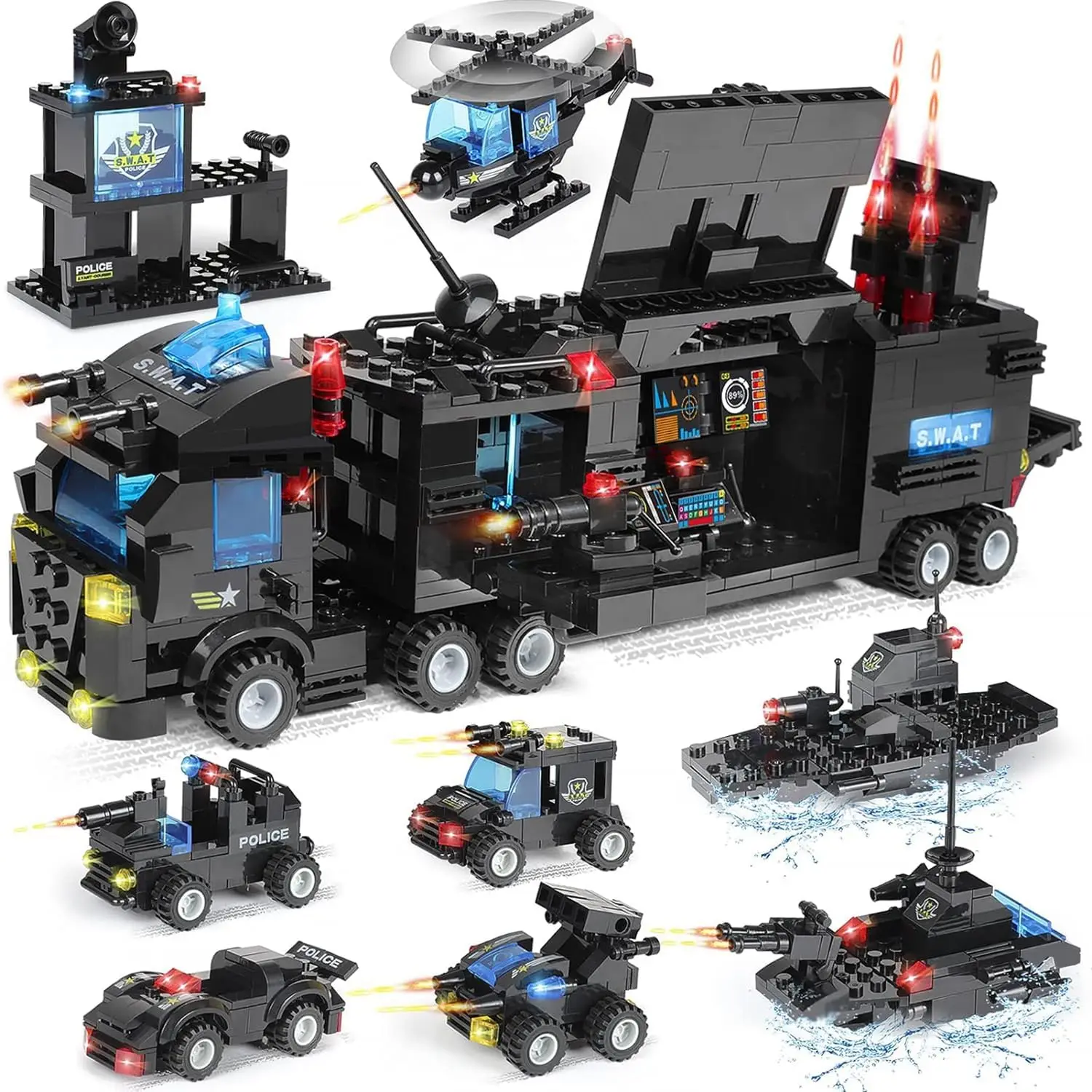 

1100 Pieces City Police Station Building Kit, Mobile Command Center Truck Building Toy with Car, Airplane, Boat, Roleplay Toys